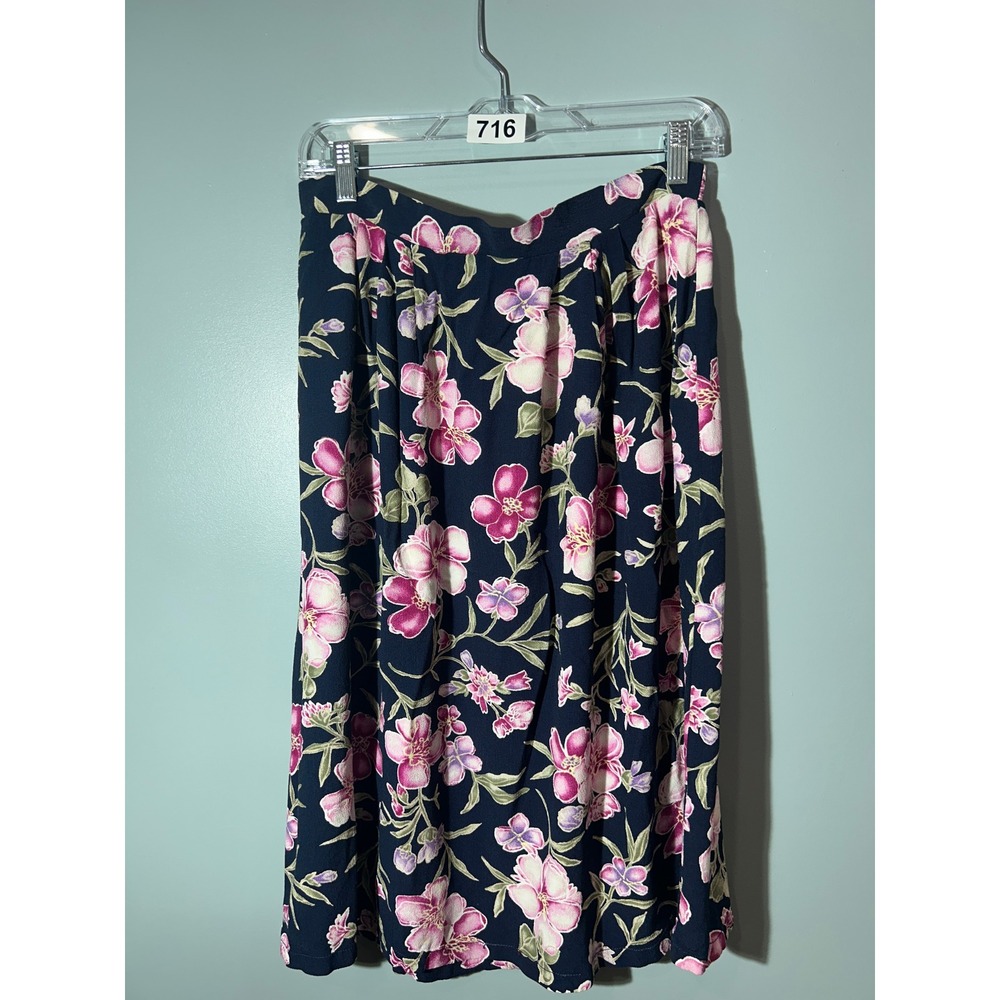 Vintage Navy Blue Pink Floral Midi Skirt Elastic Waist Cottagecore Boho Womens